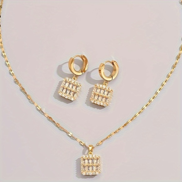 Golden Stainless Steel Earrings + Necklace Jewelry Set, 3pcs/Set - Picture 4 of 5